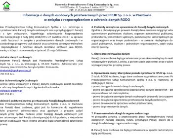 Informacja o danych osobowych przetwarzanych przez PPUK Sp. z o.o. w Piastowie w związku z rozporządzeniem o ochronie danych RODO